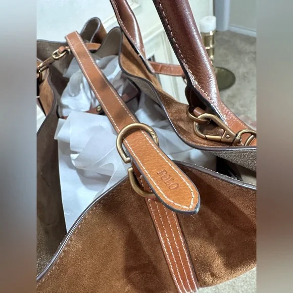 Polo Ralph Lauren Bellport Suede Leather Medium Tote Bag Brown Adjustable Strap - Picture 10 of 16